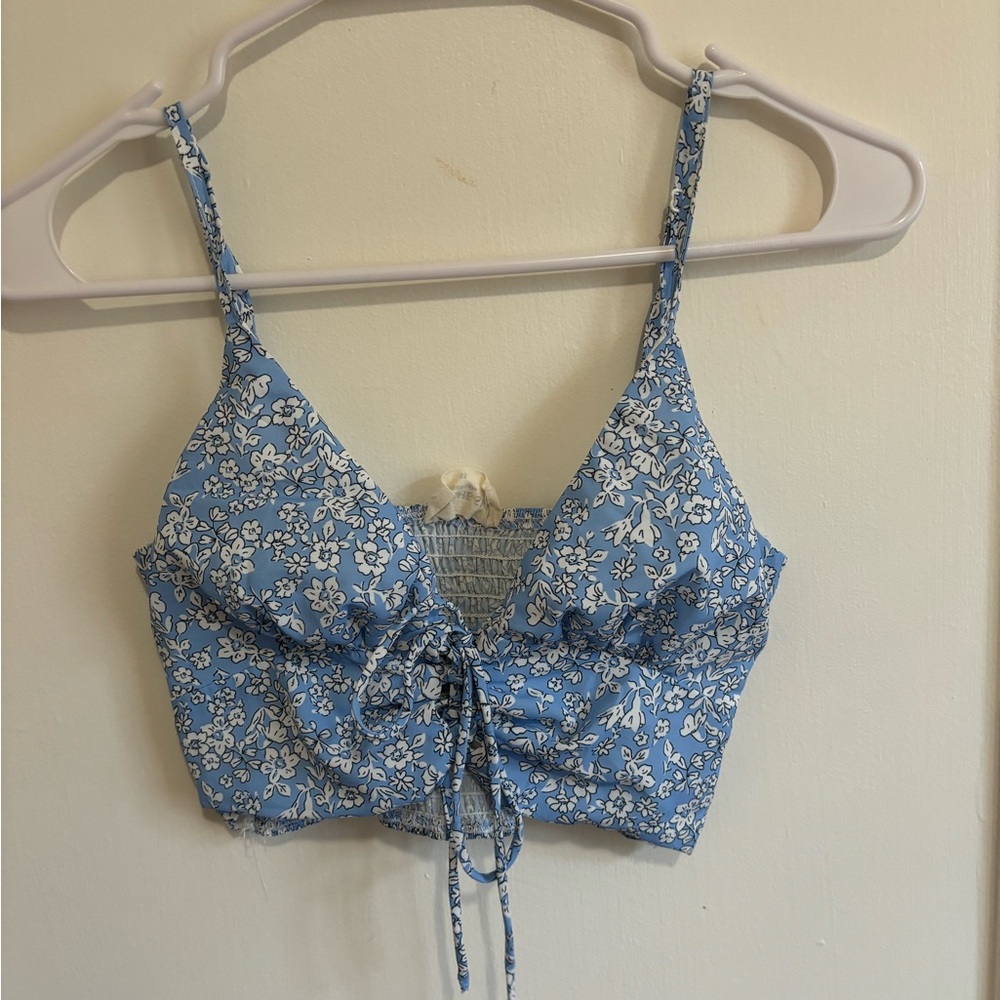 Blue floral front tie crop top